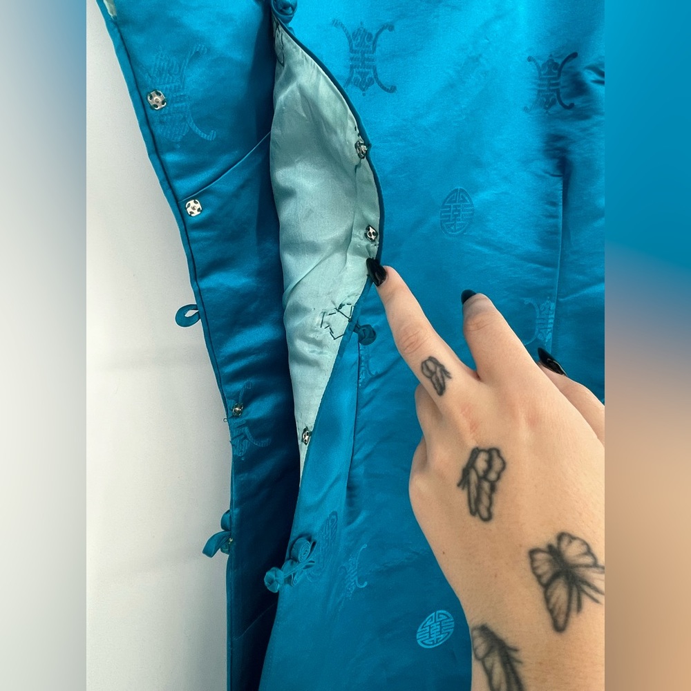 VTG 1960s Mandarin Fashions Aqua Blue Maxi Length Mid Century Cheongsam Dress - Picture 10 of 14